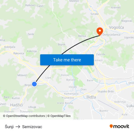 Šunji to Semizovac map