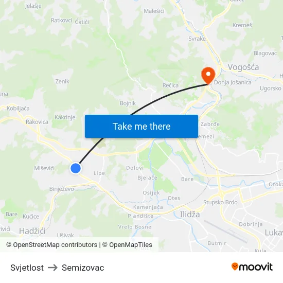 Svjetlost to Semizovac map