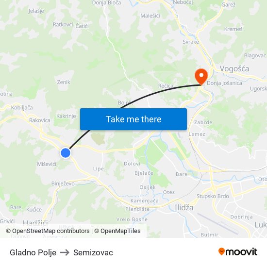 Gladno Polje to Semizovac map