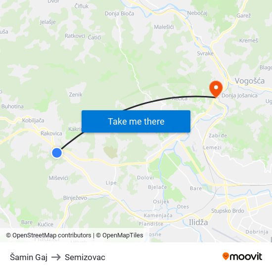 Šamin Gaj to Semizovac map