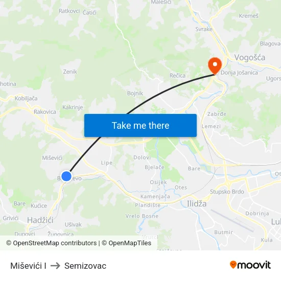 Miševići I to Semizovac map