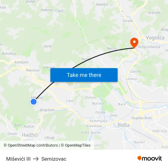Miševići III to Semizovac map