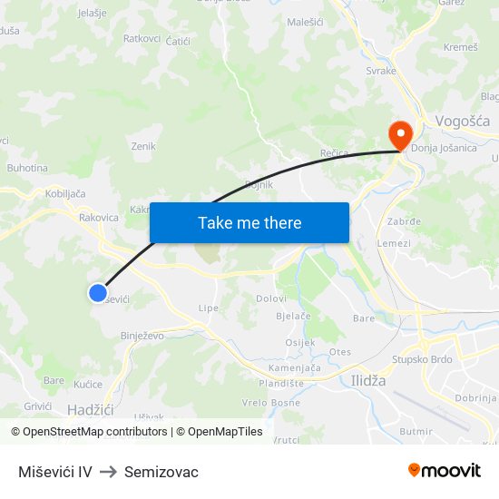 Miševići IV to Semizovac map