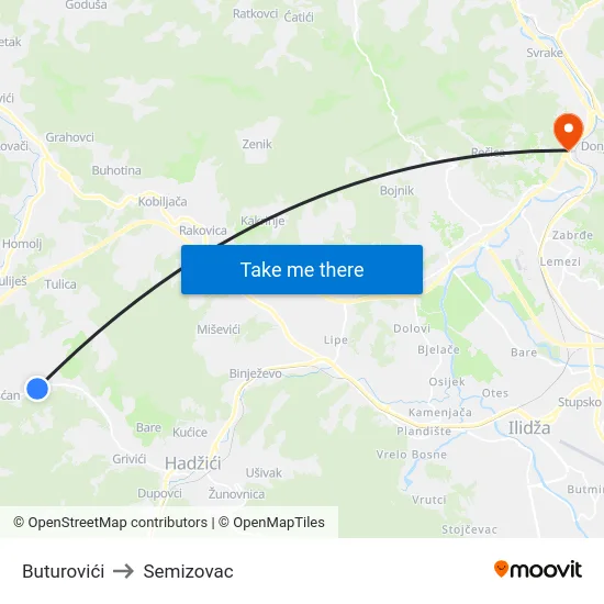 Buturovići to Semizovac map