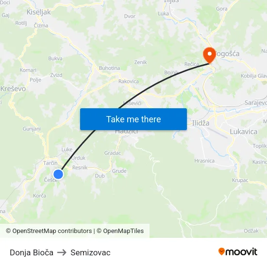 Donja Bioča to Semizovac map