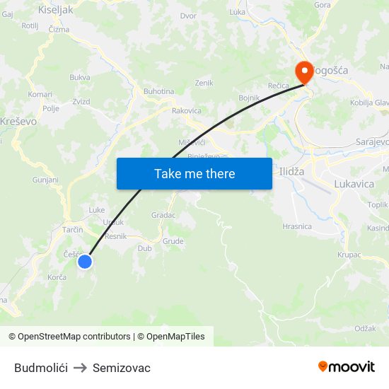 Budmolići to Semizovac map