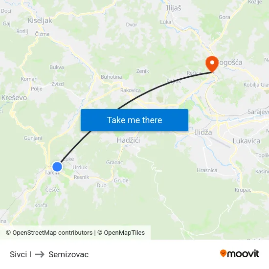 Sivci I to Semizovac map