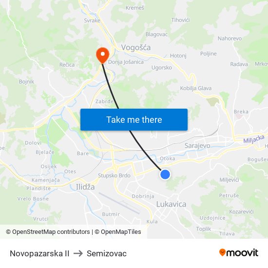 Novopazarska II to Semizovac map