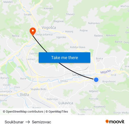 Soukbunar to Semizovac map