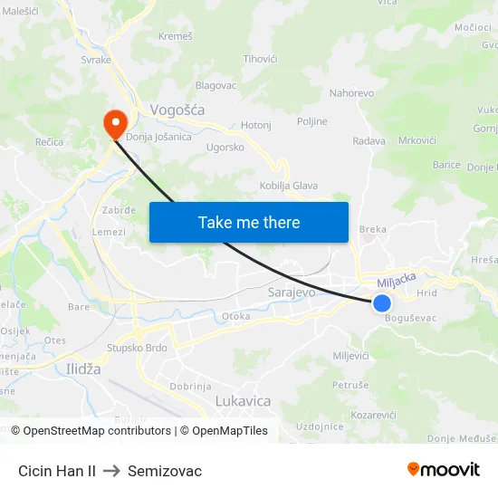 Cicin Han II to Semizovac map