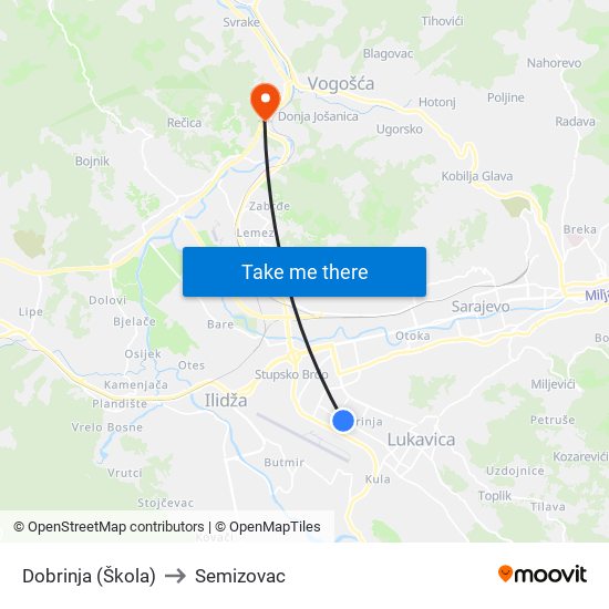 Dobrinja (Škola) to Semizovac map