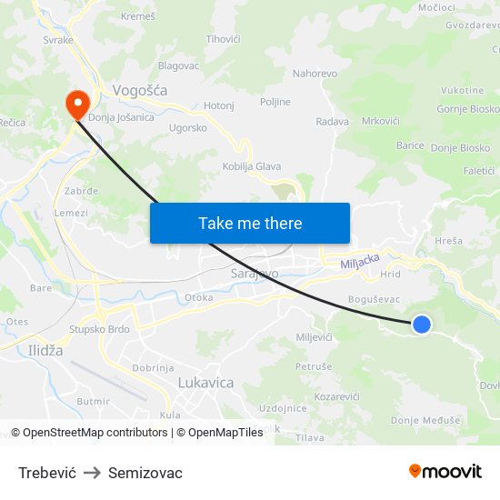 Trebević to Semizovac map