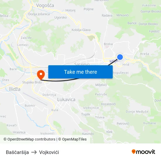Baščaršija to Vojkovići map
