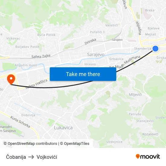 Čobanija to Vojkovići map