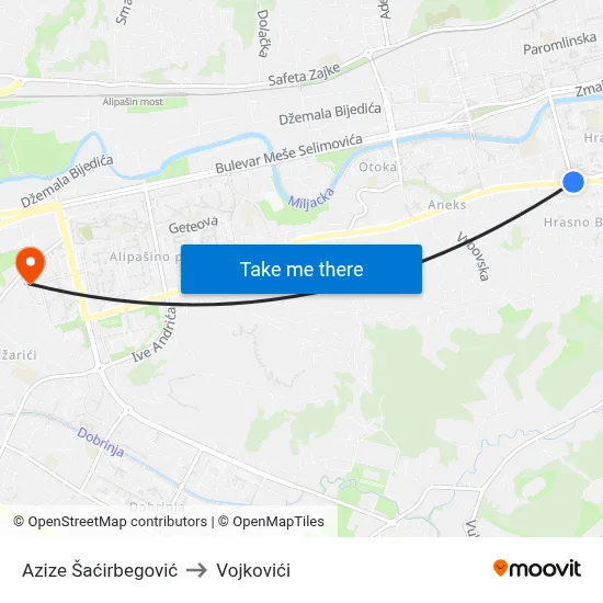 Azize Šaćirbegović to Vojkovići map