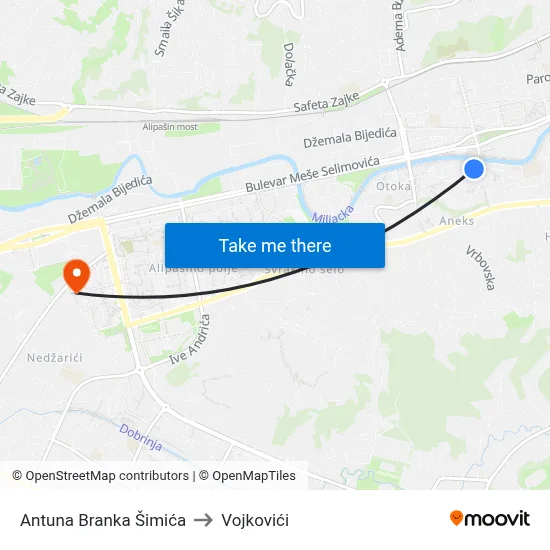 Antuna Branka Šimića to Vojkovići map