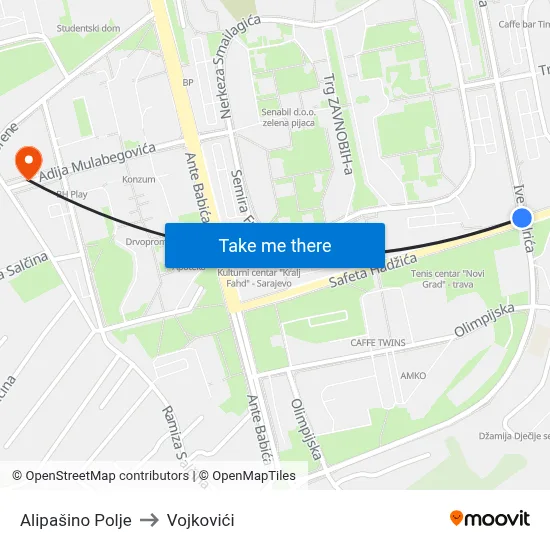 Alipašino Polje to Vojkovići map