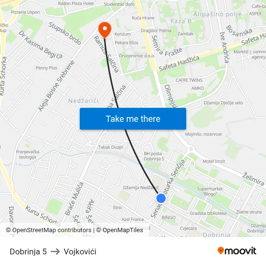 Dobrinja 5 to Vojkovići map