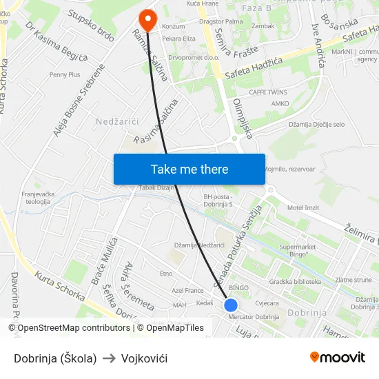 Dobrinja (Škola) to Vojkovići map
