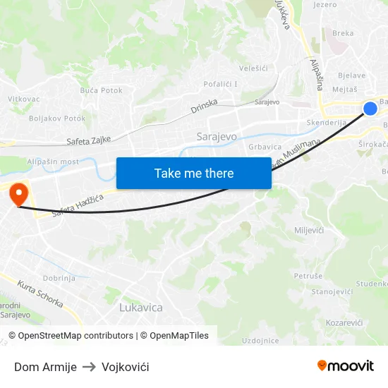 Dom Armije to Vojkovići map