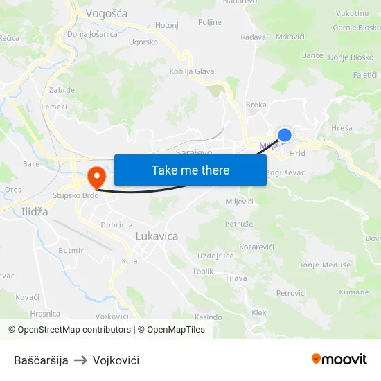 Baščaršija to Vojkovići map