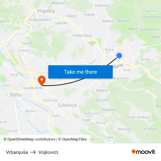 Vrbanjuša to Vojkovići map