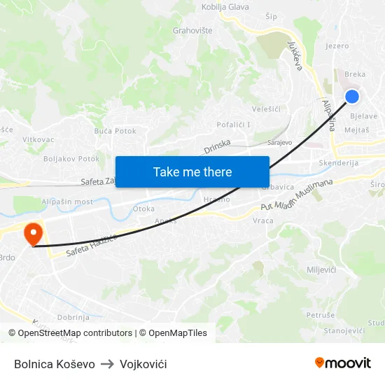 Bolnica Koševo to Vojkovići map
