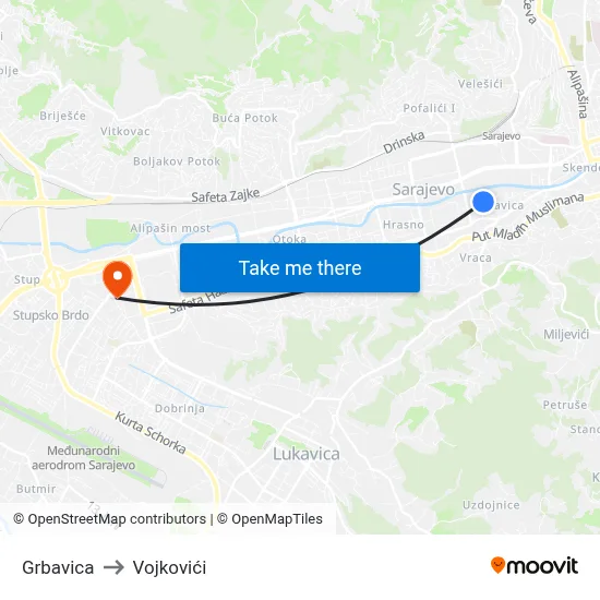 Grbavica to Vojkovići map