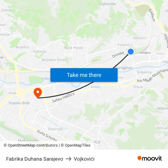 Fabrika Duhana Sarajevo to Vojkovići map