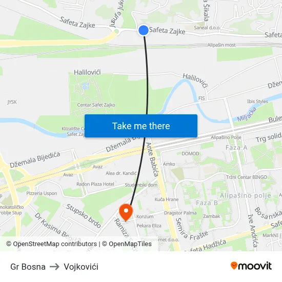 Gr Bosna to Vojkovići map