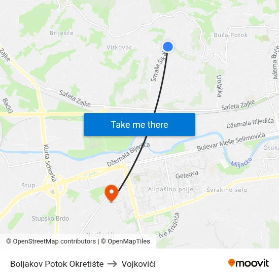 Boljakov Potok Okretište to Vojkovići map
