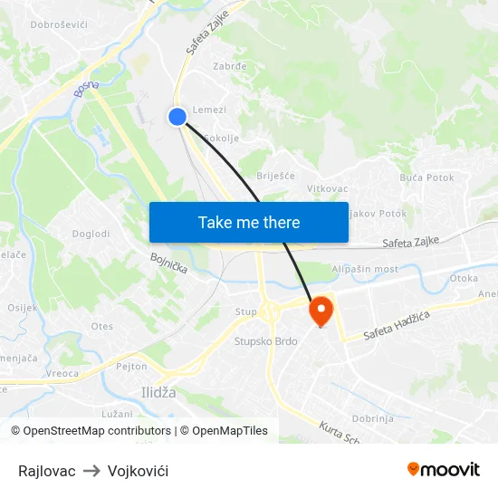 Rajlovac to Vojkovići map