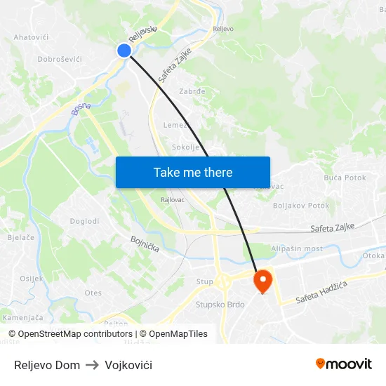 Reljevo Dom to Vojkovići map