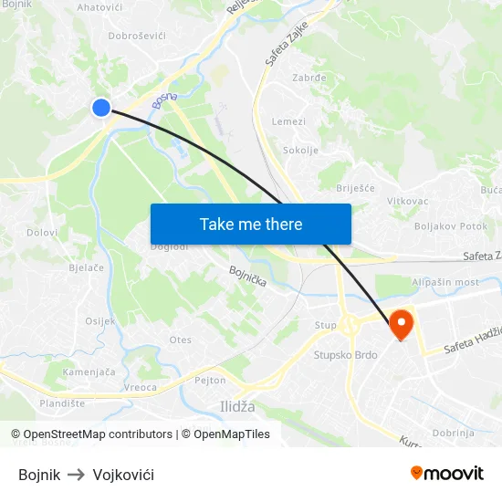 Bojnik to Vojkovići map