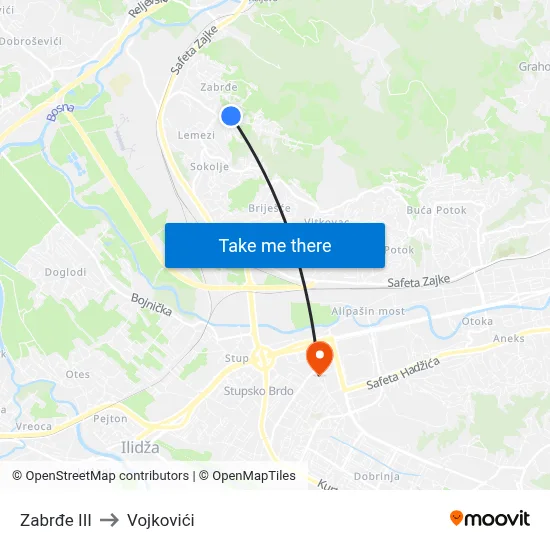 Zabrđe III to Vojkovići map