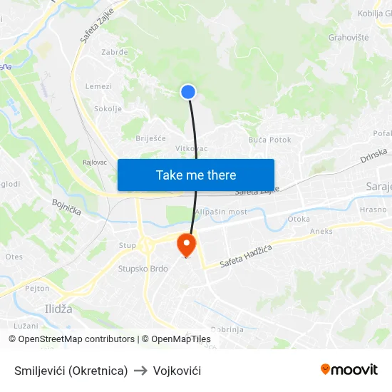Smiljevići (Okretnica) to Vojkovići map