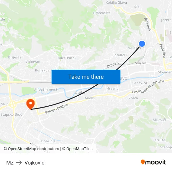 Mz to Vojkovići map