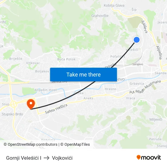 Gornji Velešići I to Vojkovići map