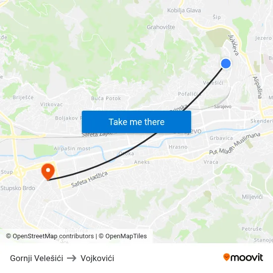 Gornji Velešići to Vojkovići map