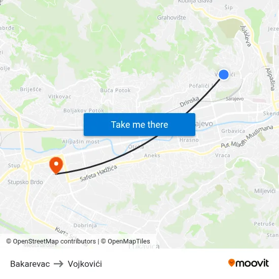 Bakarevac to Vojkovići map