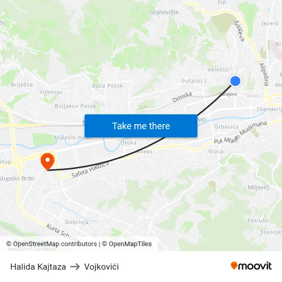 Halida Kajtaza to Vojkovići map