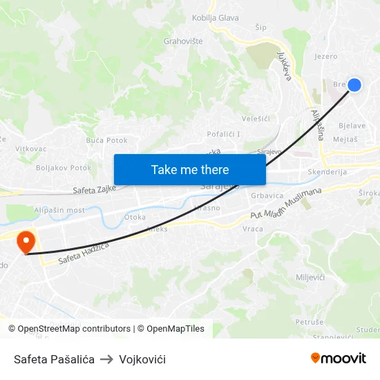 Safeta Pašalića to Vojkovići map
