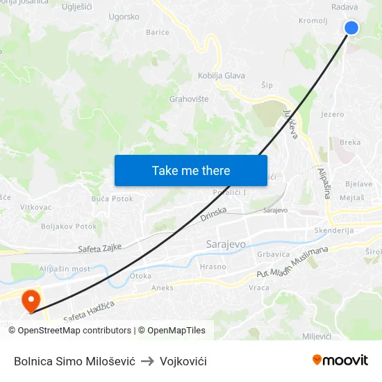 Bolnica Simo Milošević to Vojkovići map
