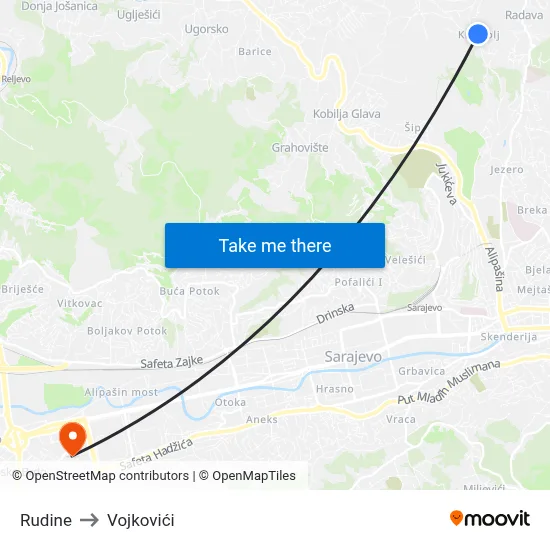 Rudine to Vojkovići map