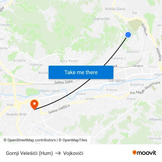 Gornji Velešići (Hum) to Vojkovići map