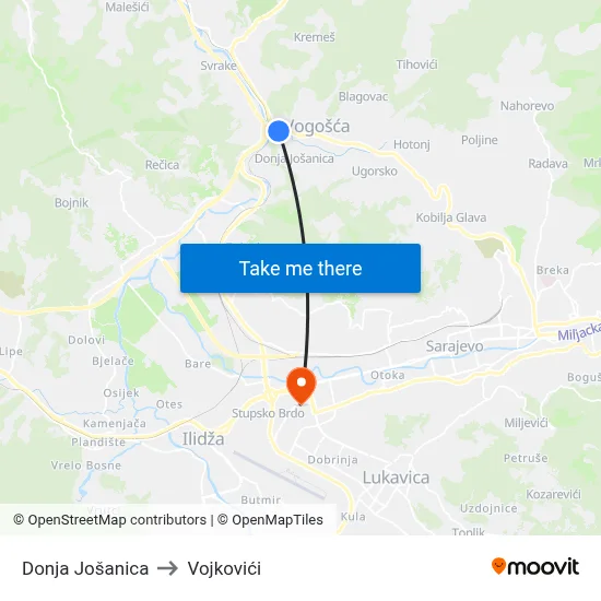 Donja Jošanica to Vojkovići map