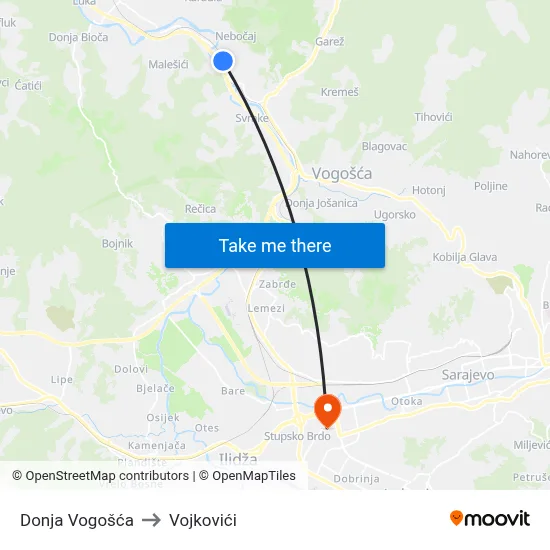 Donja Vogošća to Vojkovići map