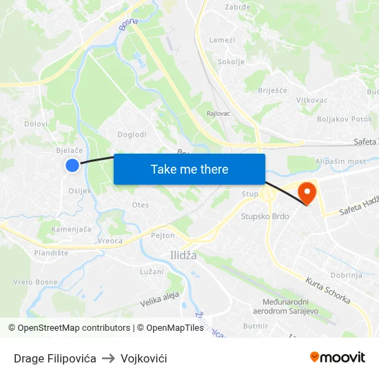Drage Filipovića to Vojkovići map