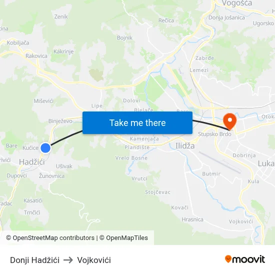 Donji Hadžići to Vojkovići map
