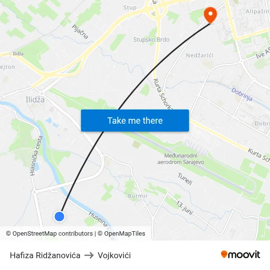 Hafiza Ridžanovića to Vojkovići map